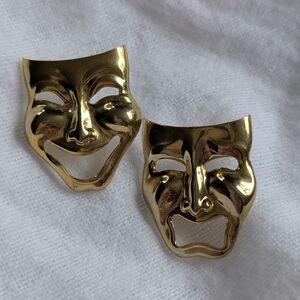 Vintage-Inspired Gold-Tone Comedy & Tragedy Mask Stud Earrings – Theatrical